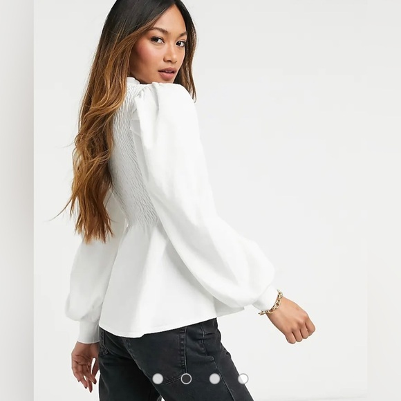 ASOS size 14 white cream puff bishop sleeve smocked chest peplum frill neck - Picture 3 of 11